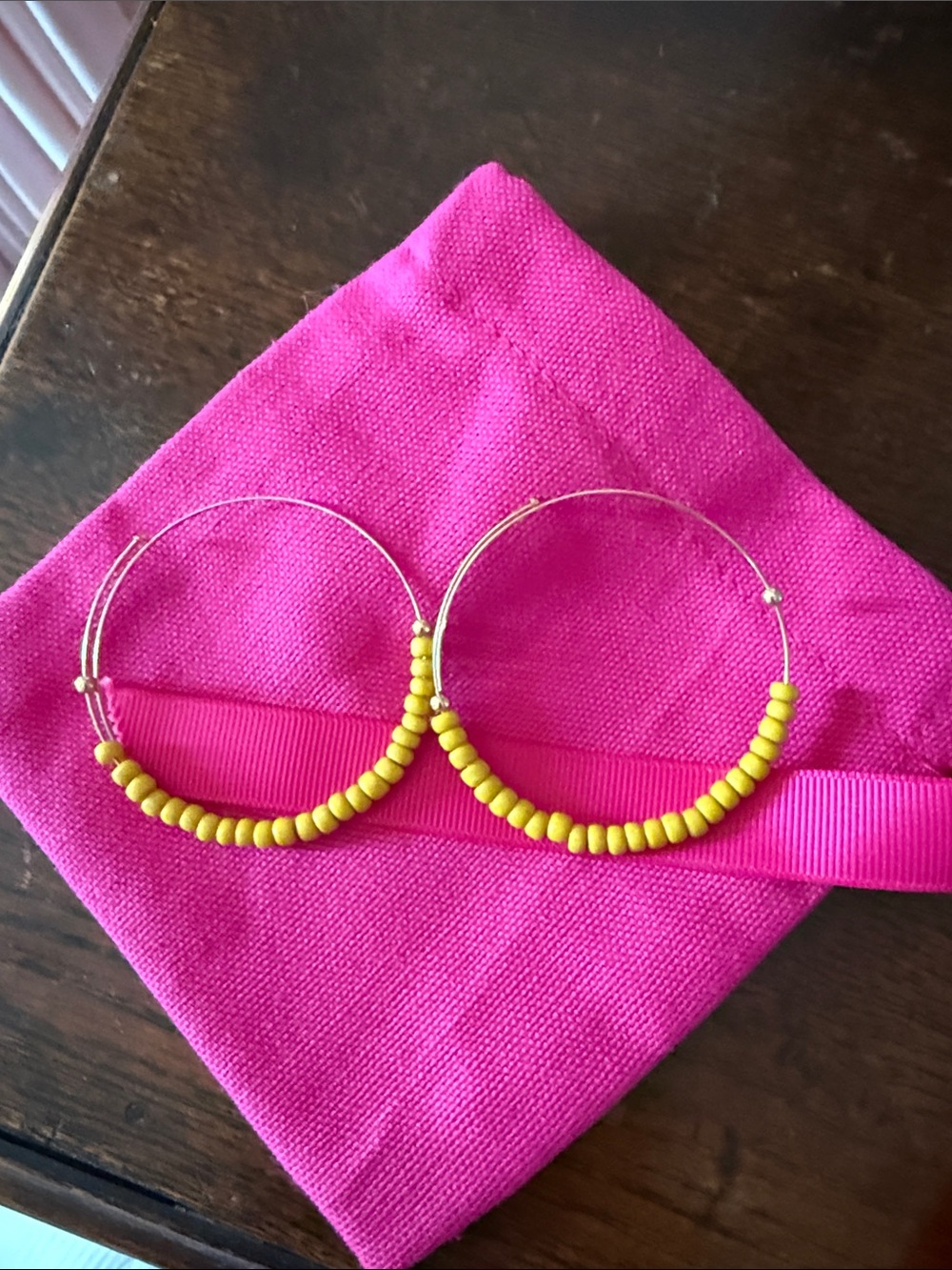 Dark Yellow Beaded Hoop Earrings in Pouch